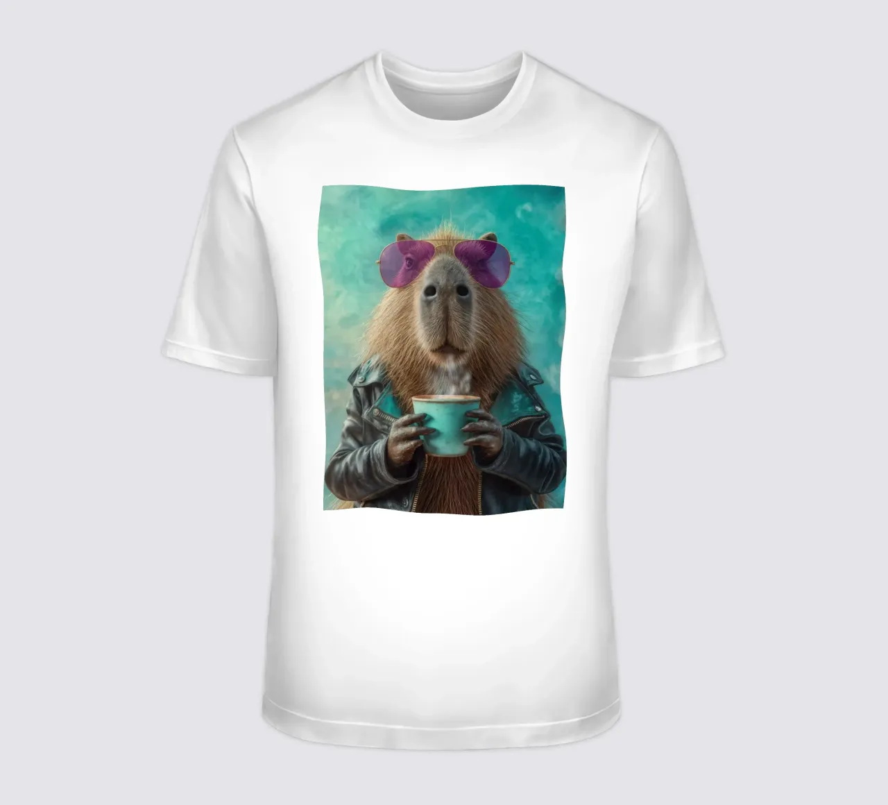 Elegante capibara in giacca di pelle con caffè mattutino t-shirt da Wumples