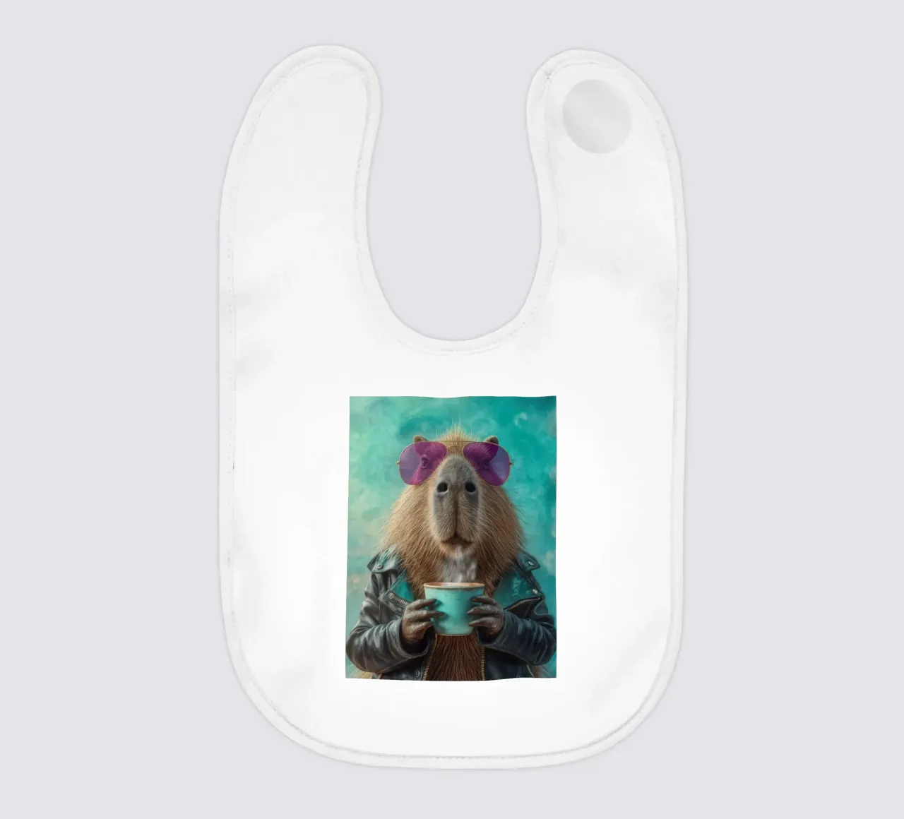 Elegante capibara in giacca di pelle con caffè mattutino bavaglino da Wumples