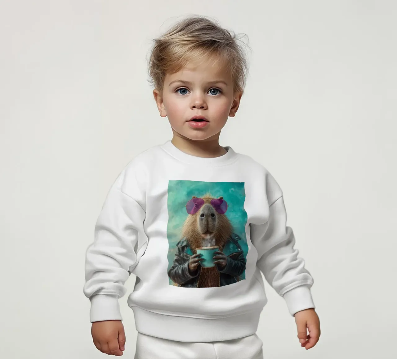 Elegante capibara in giacca di pelle con caffè mattutino felpa neonato da Wumples