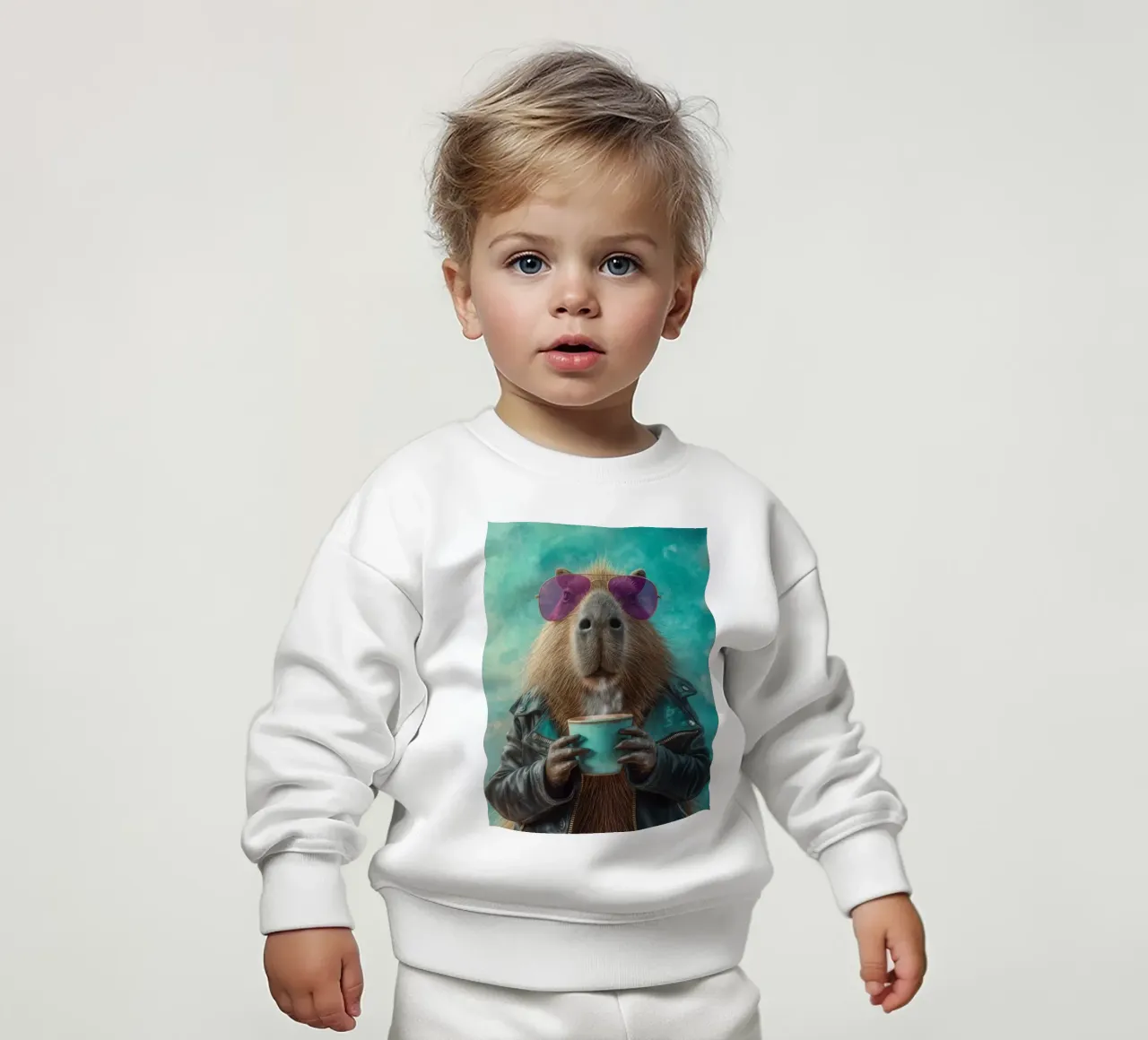 Elegante capibara in giacca di pelle con caffè mattutino felpa neonato da Wumples