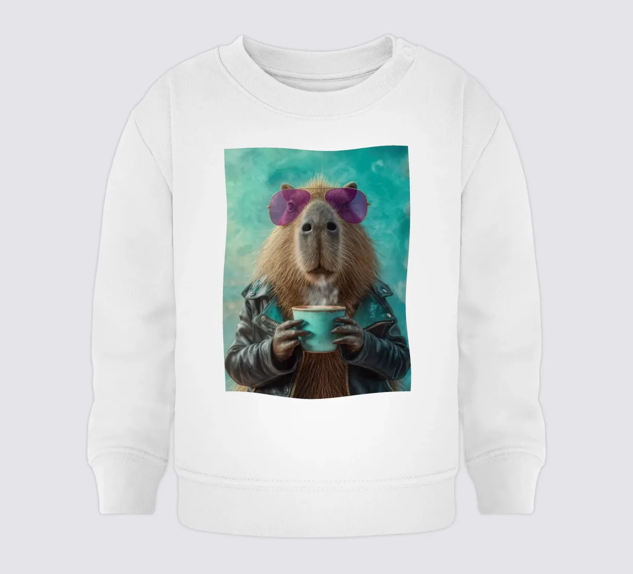 Elegante capibara in giacca di pelle con caffè mattutino felpa neonato da Wumples
