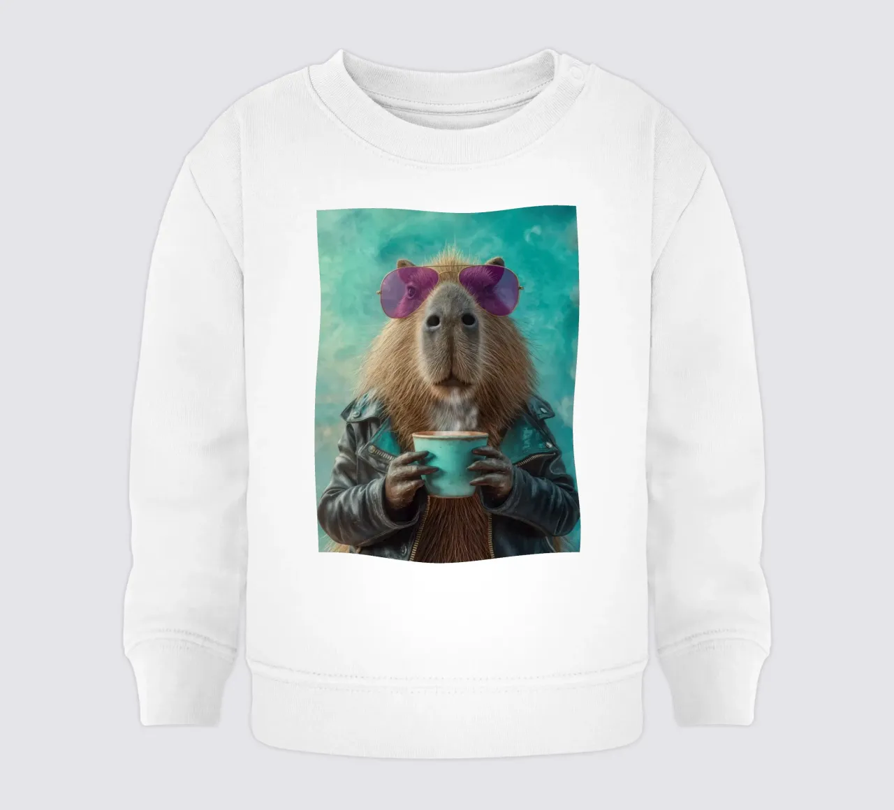 Elegante capibara in giacca di pelle con caffè mattutino felpa neonato da Wumples