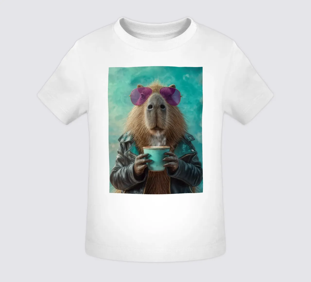 Elegante capibara in giacca di pelle con caffè mattutino maglietta neonato da Wumples