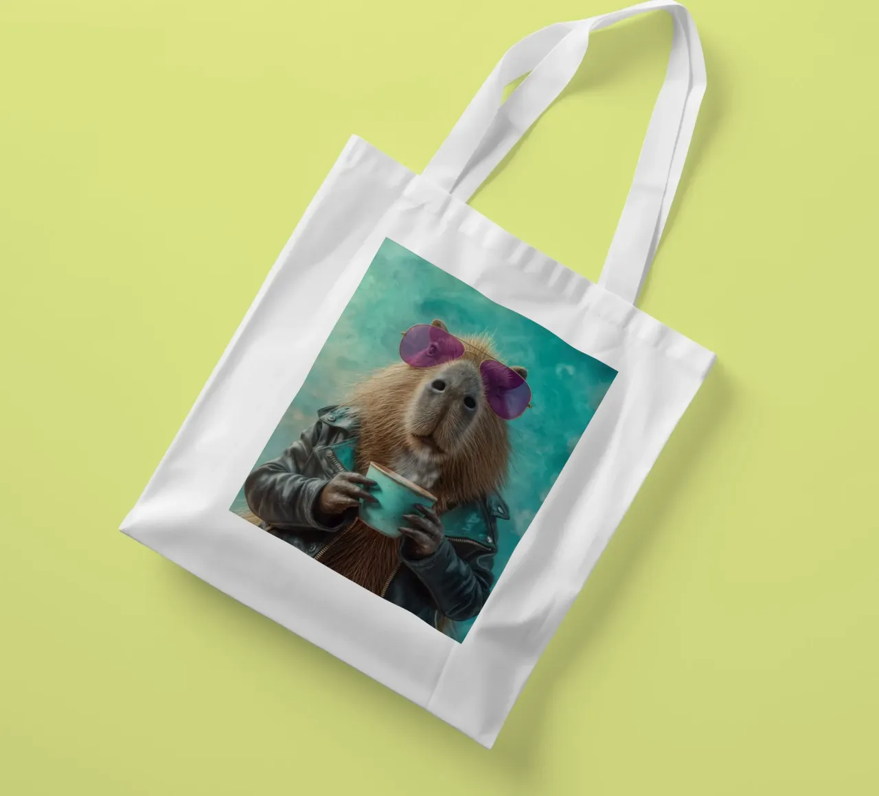 Elegante capibara in giacca di pelle con caffè mattutino borsa in juta da Wumples