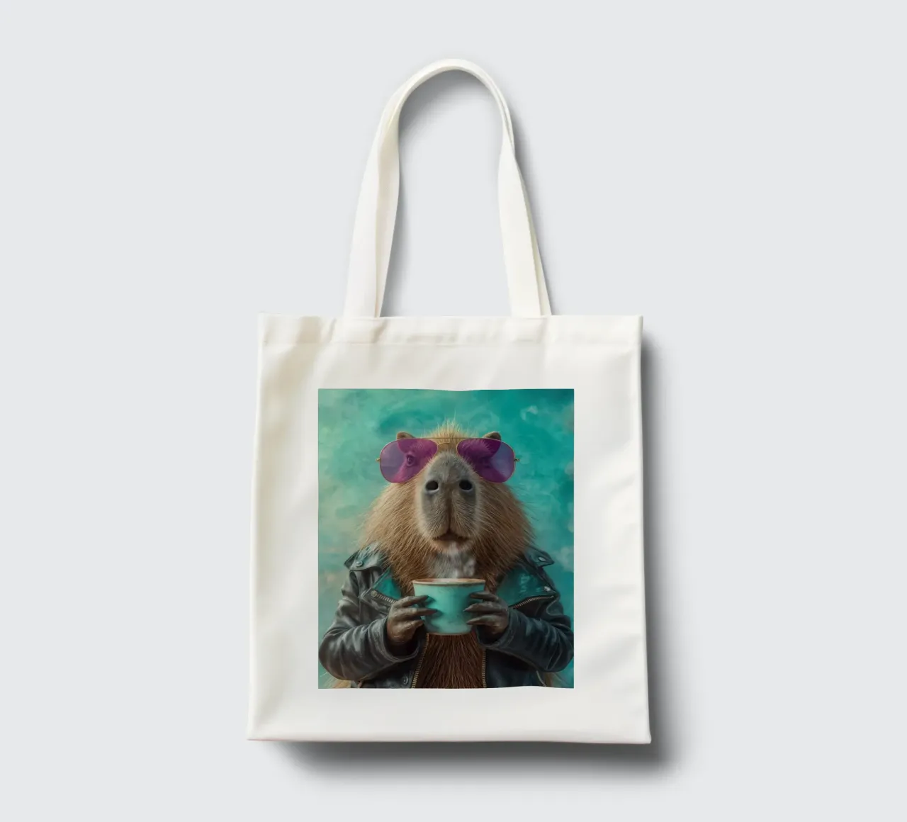 Elegante capibara in giacca di pelle con caffè mattutino borsa in juta da Wumples