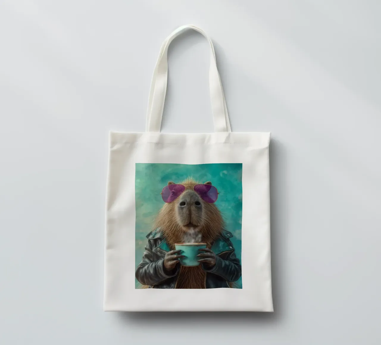 Elegante capibara in giacca di pelle con caffè mattutino borsa in juta da Wumples