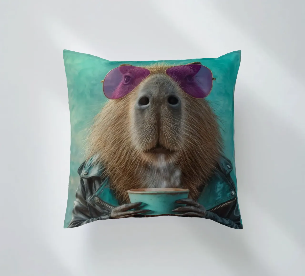 Elegante capibara in giacca di pelle con caffè mattutino cuscino da Wumples