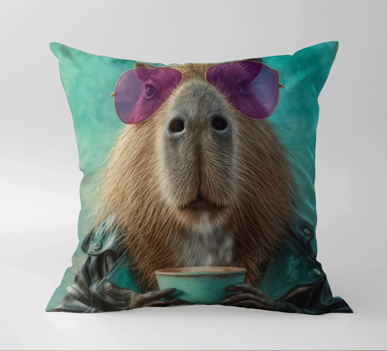 Elegante capibara in giacca di pelle con caffè mattutino cuscino da Wumples