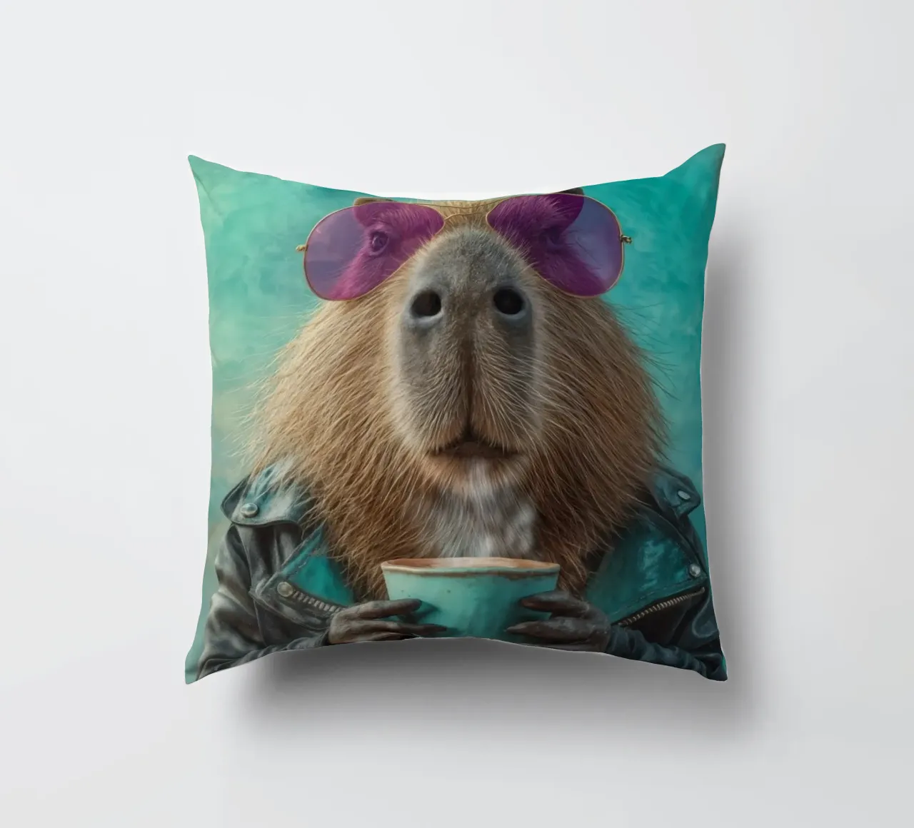 Elegante capibara in giacca di pelle con caffè mattutino cuscino da Wumples
