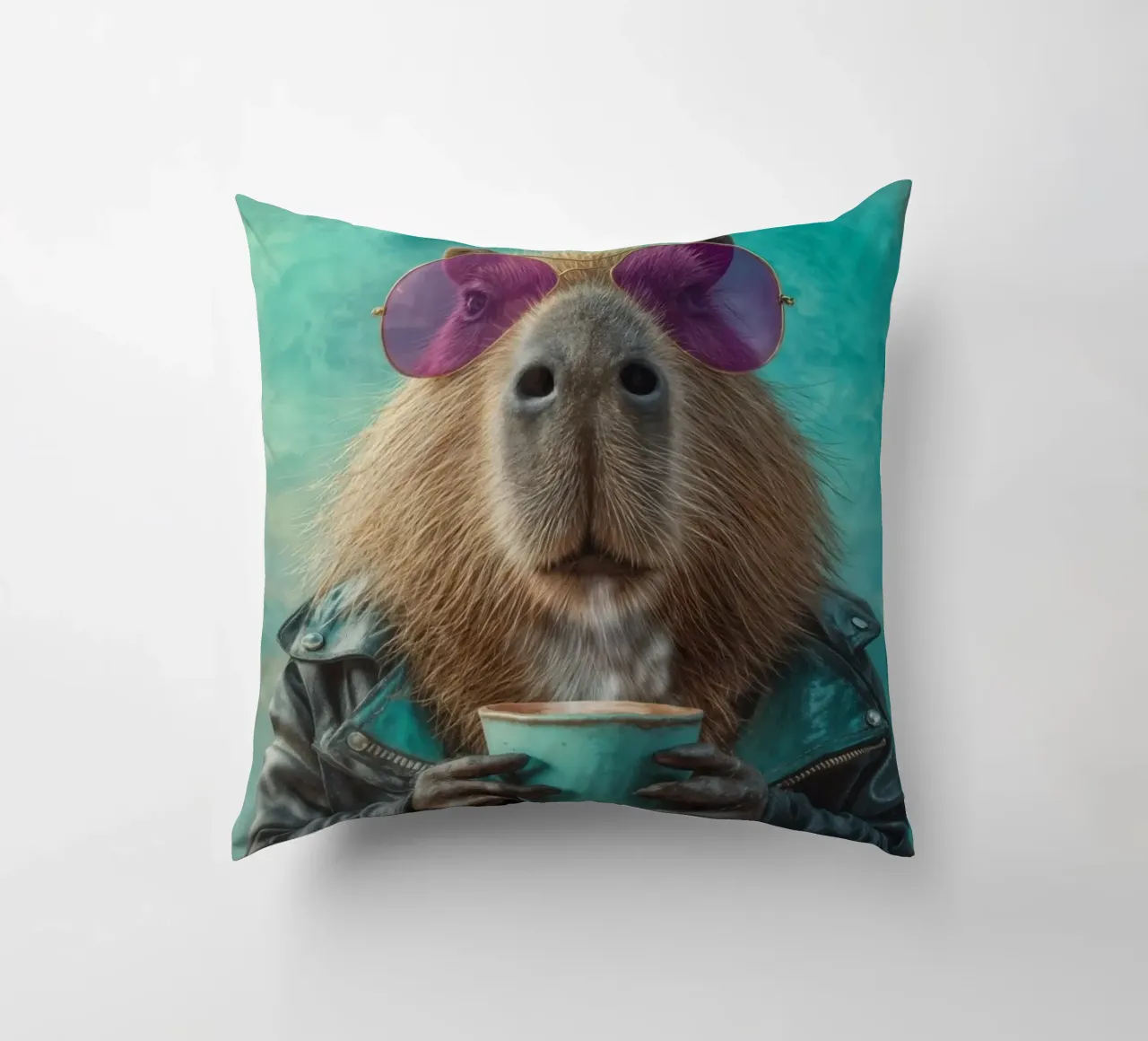 Elegante capibara in giacca di pelle con caffè mattutino cuscino da Wumples