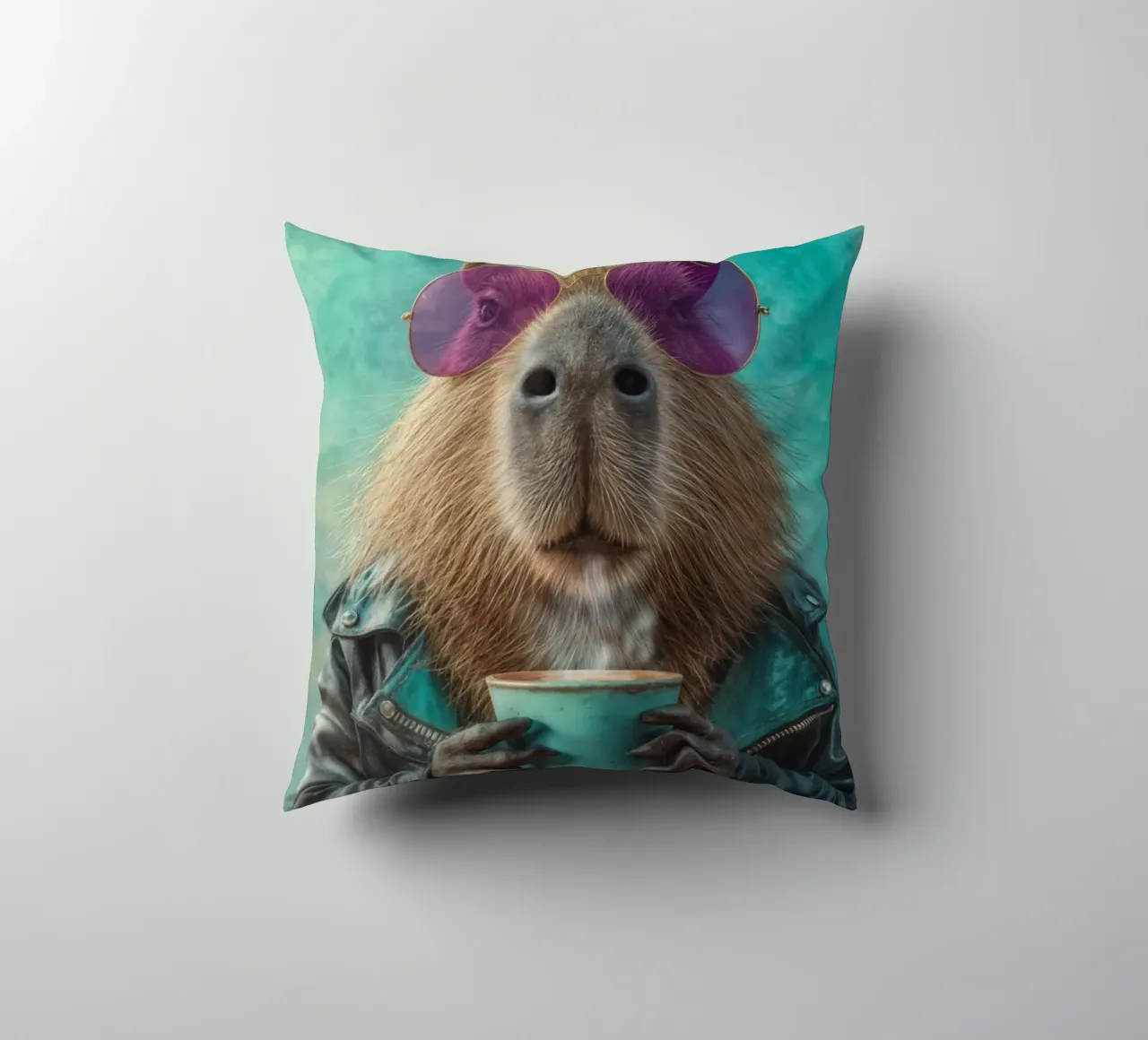 Elegante capibara in giacca di pelle con caffè mattutino cuscino da Wumples