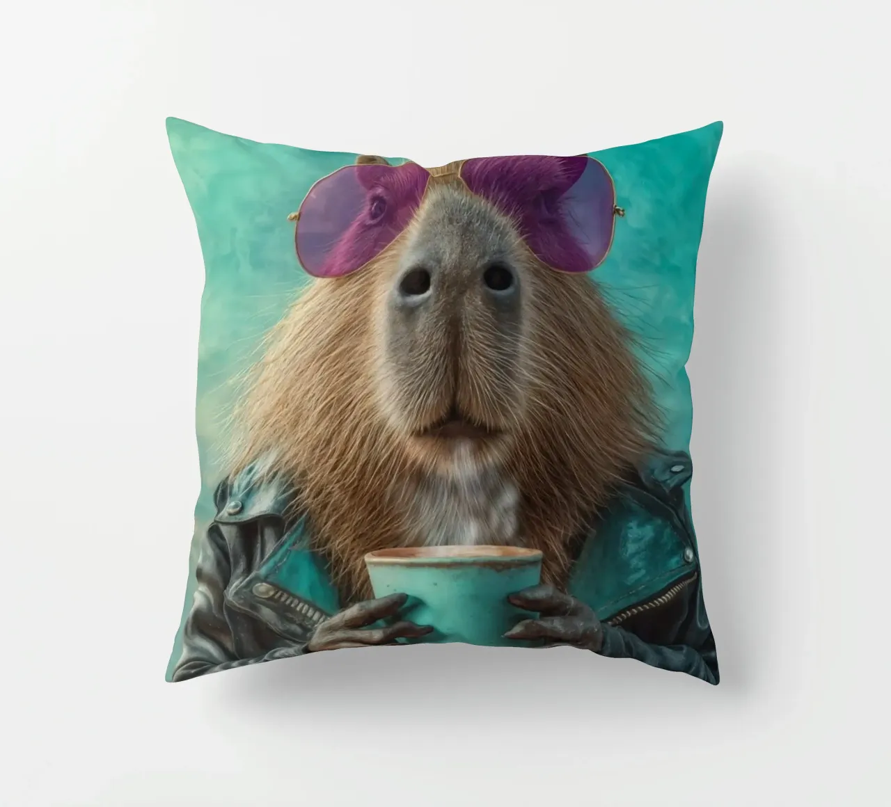 Elegante capibara in giacca di pelle con caffè mattutino cuscino da Wumples