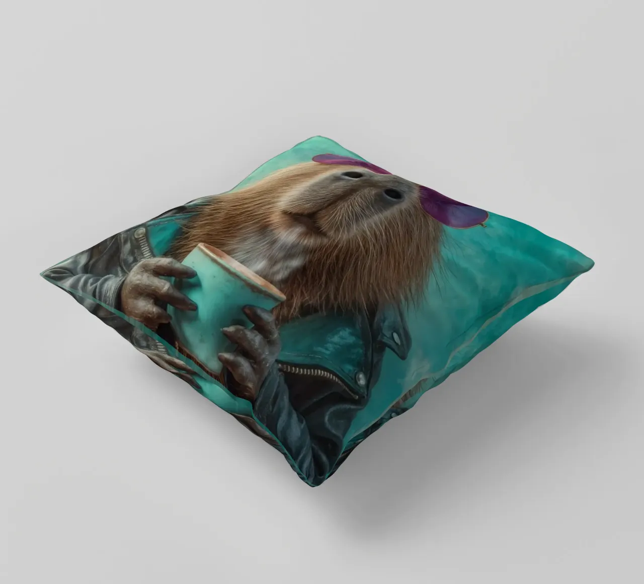 Elegante capibara in giacca di pelle con caffè mattutino cuscino da Wumples
