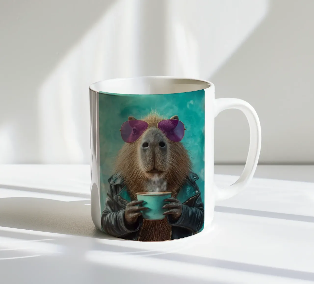 Elegante capibara in giacca di pelle con caffè mattutino tazza in ceramica da Wumples