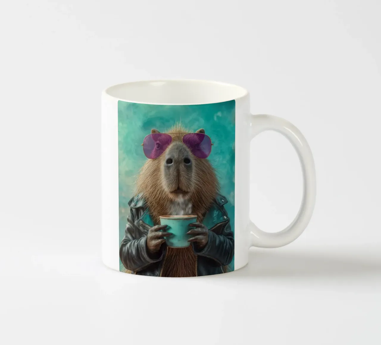 Elegante capibara in giacca di pelle con caffè mattutino tazza in ceramica da Wumples