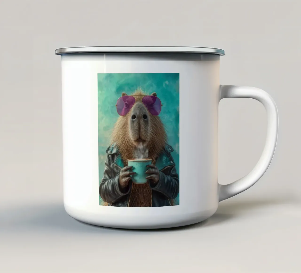 Elegante capibara in giacca di pelle con caffè mattutino tazza in smalto da Wumples