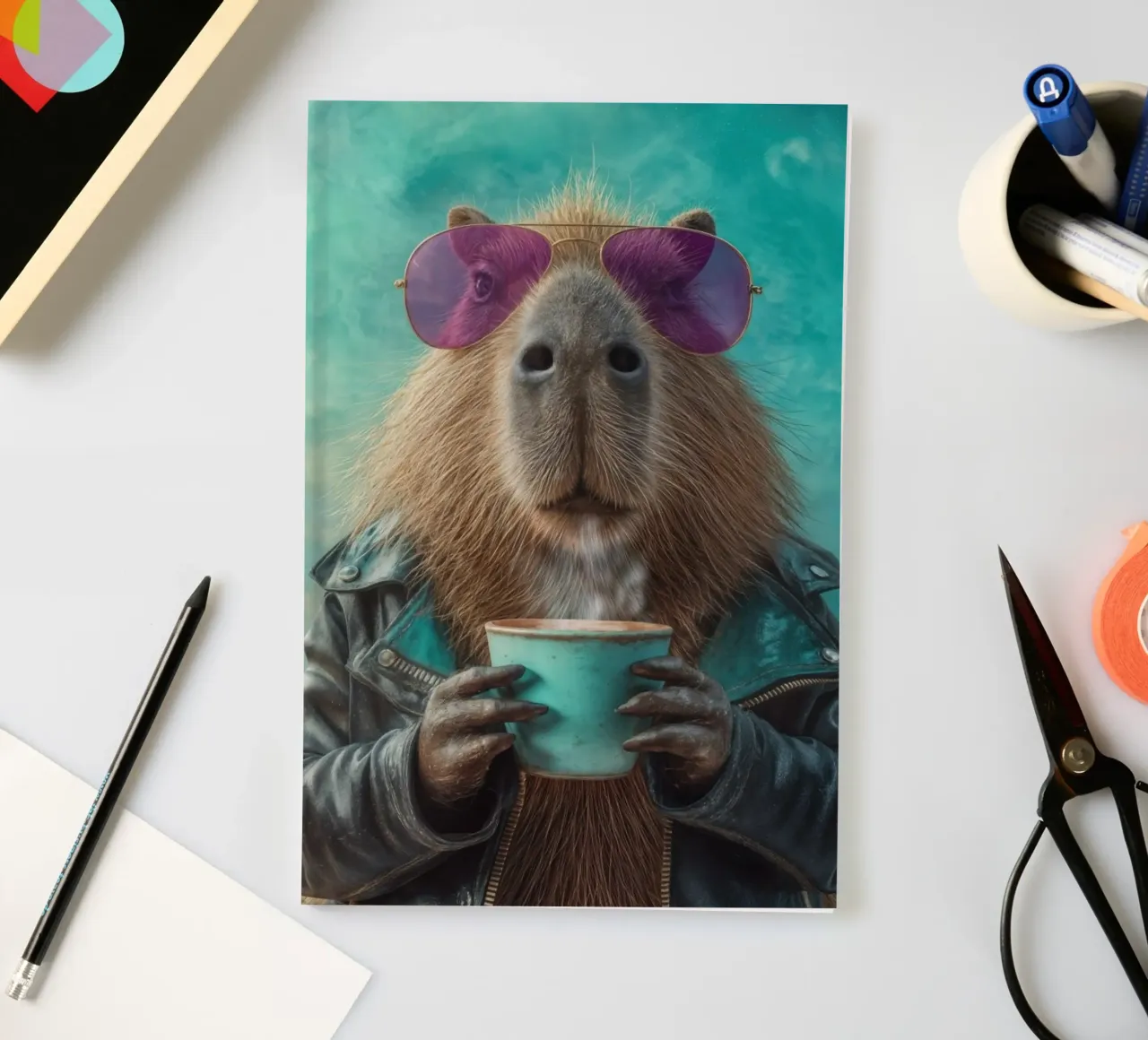 Elegante capibara in giacca di pelle con caffè mattutino diario da Wumples
