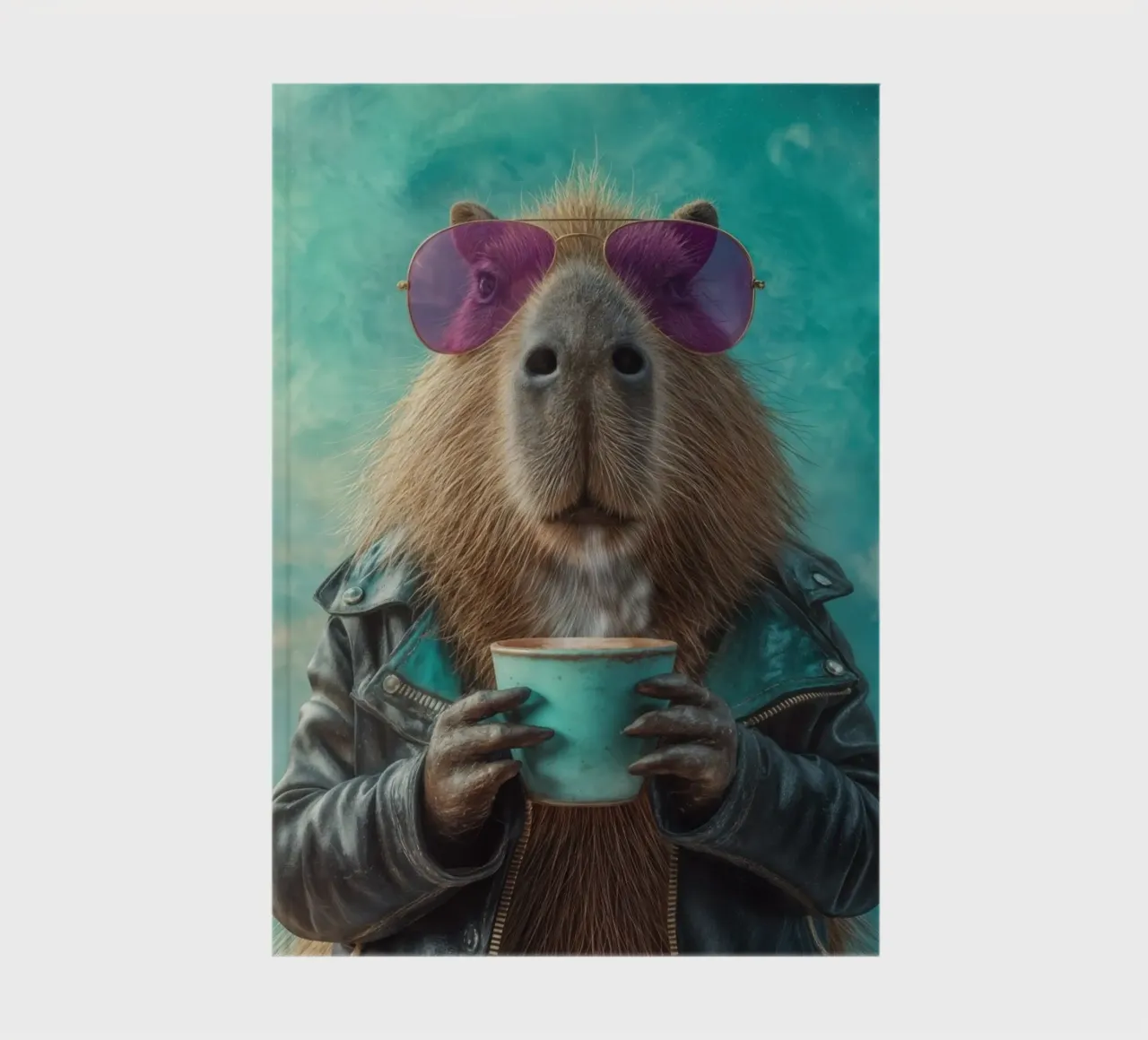 Elegante capibara in giacca di pelle con caffè mattutino diario da Wumples