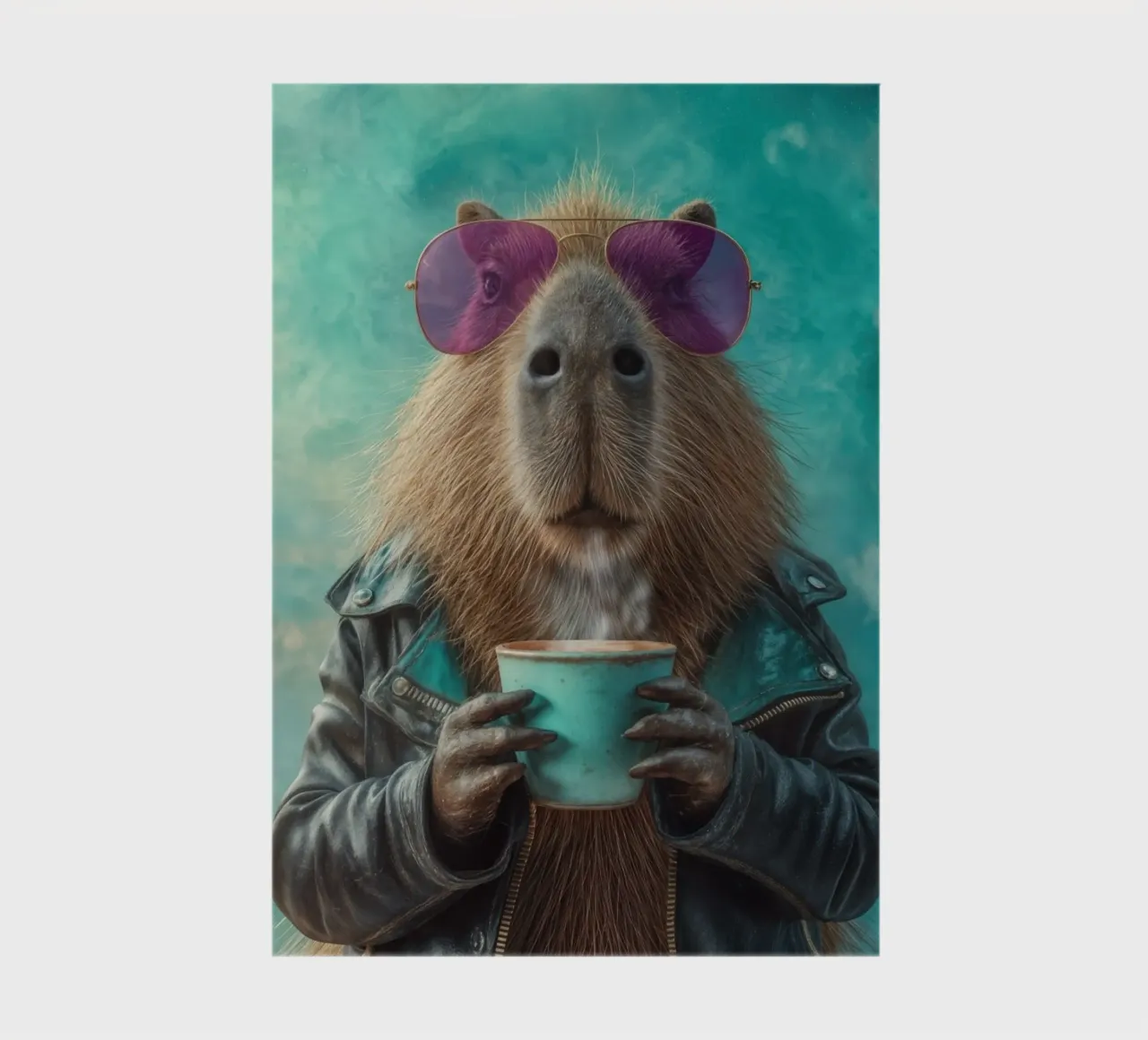 Elegante capibara in giacca di pelle con caffè mattutino diario da Wumples