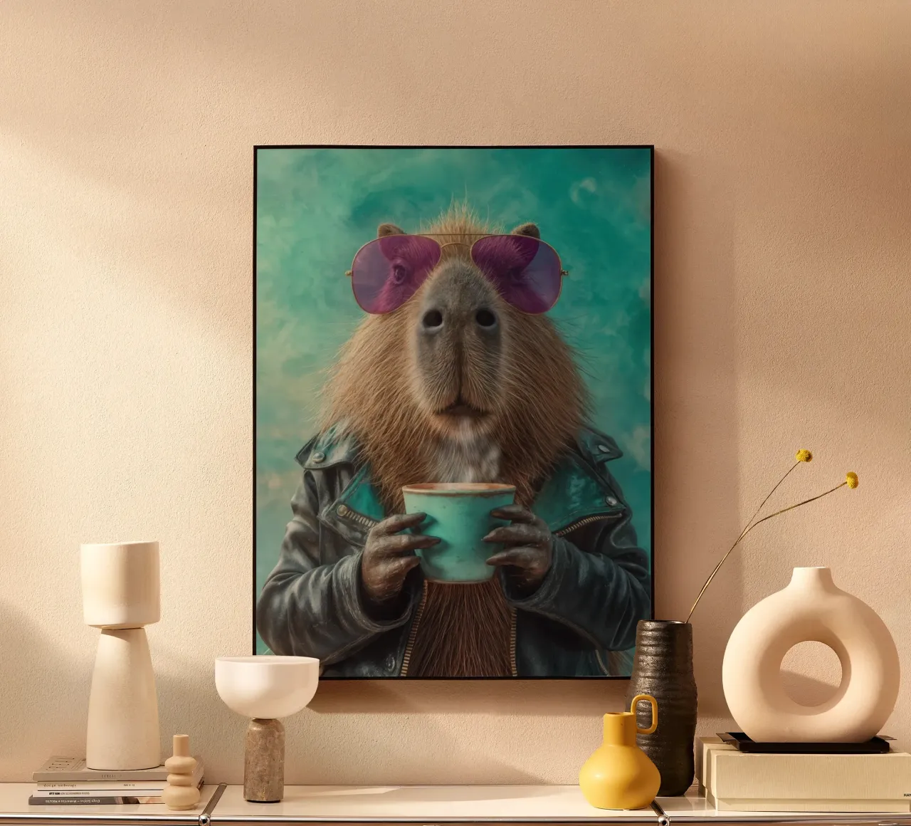 Elegante capibara in giacca di pelle con caffè mattutino plexiglass da Wumples
