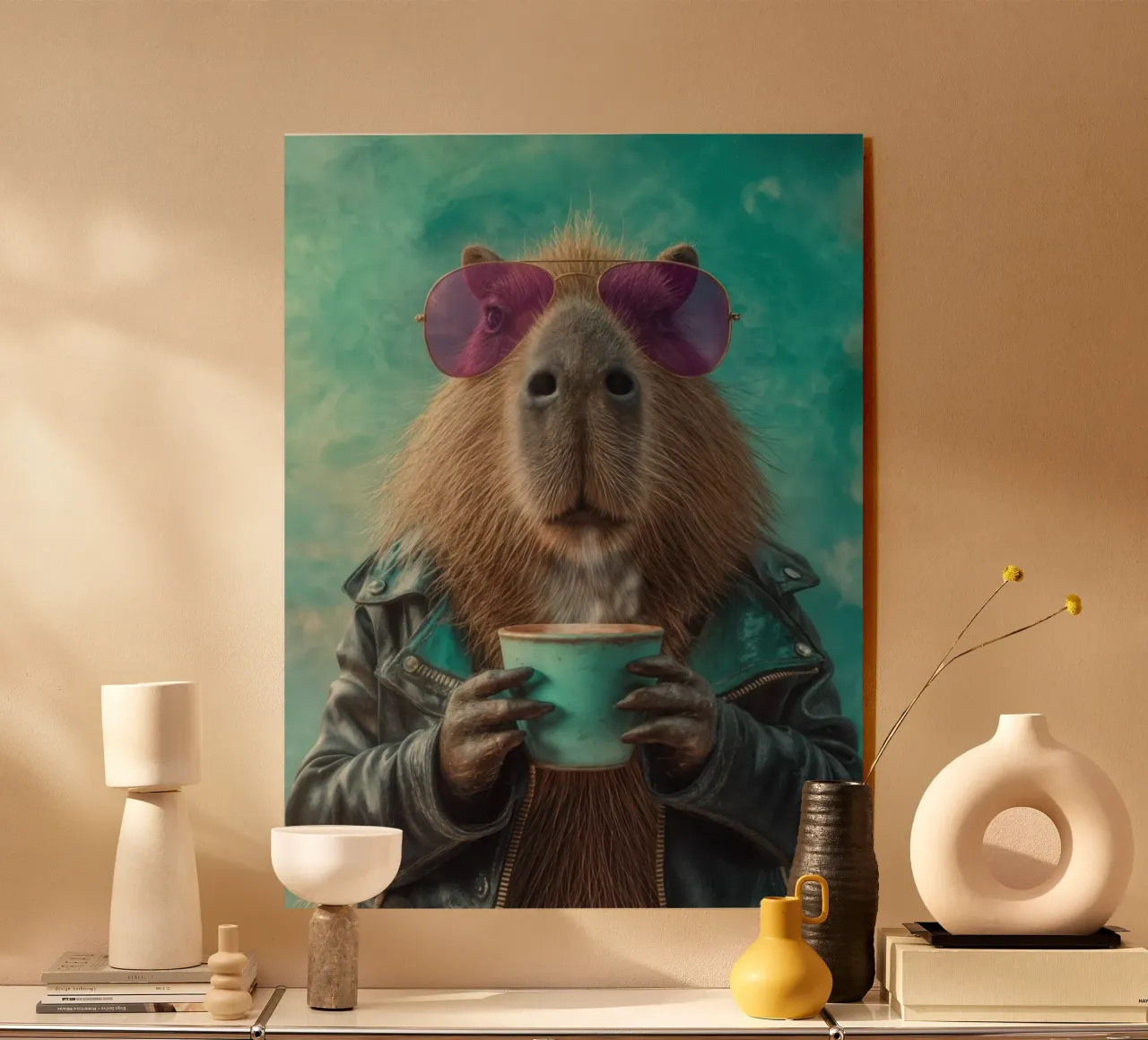 Elegante capibara in giacca di pelle con caffè mattutino plexiglass da Wumples