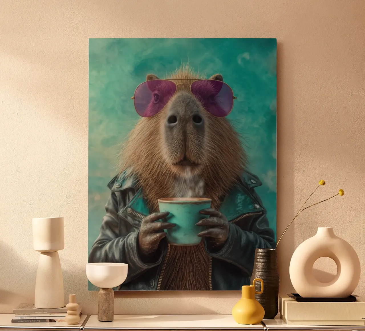 Elegante capibara in giacca di pelle con caffè mattutino alluminio dibond da Wumples