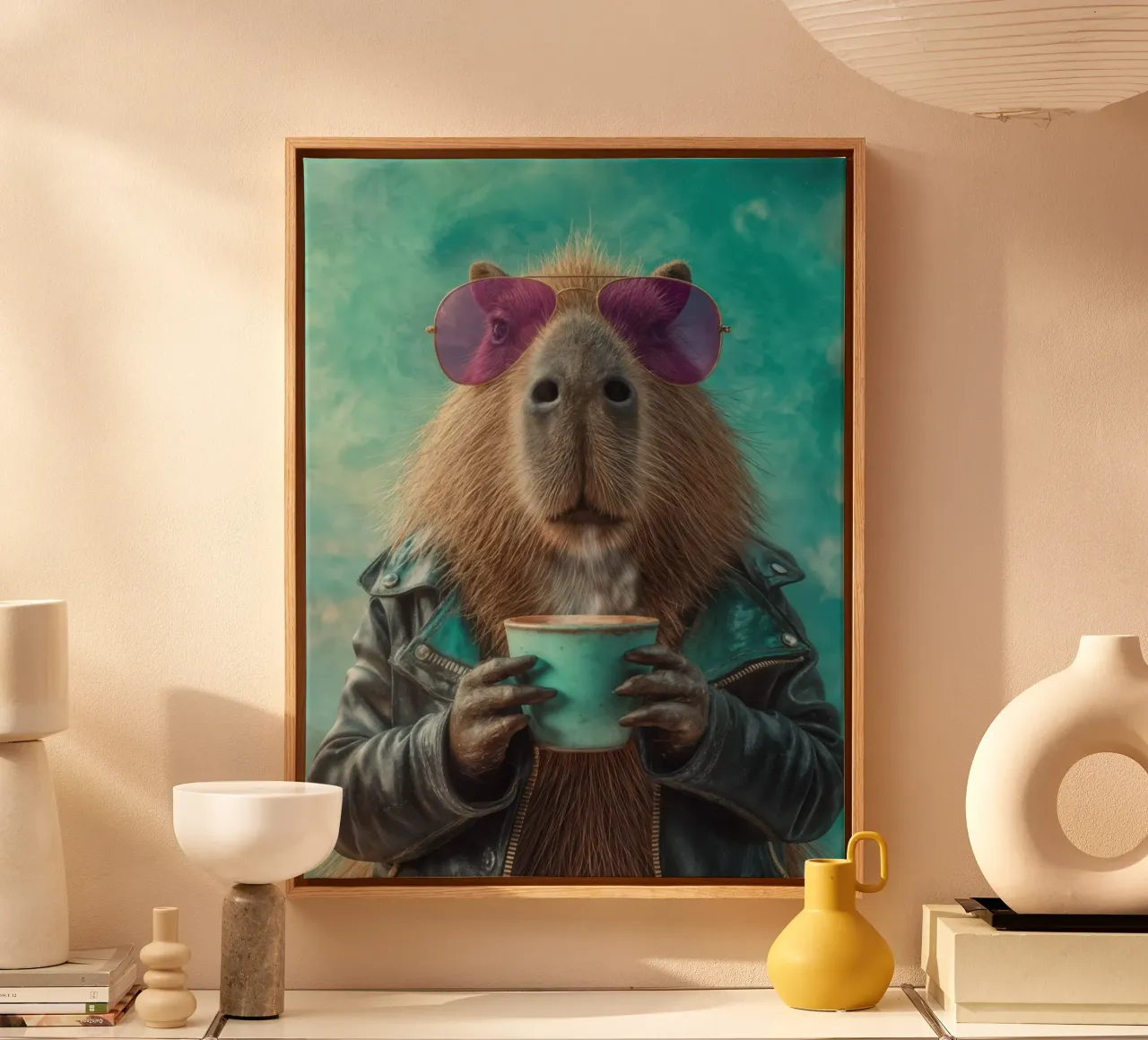 Elegante capibara in giacca di pelle con caffè mattutino tela da Wumples