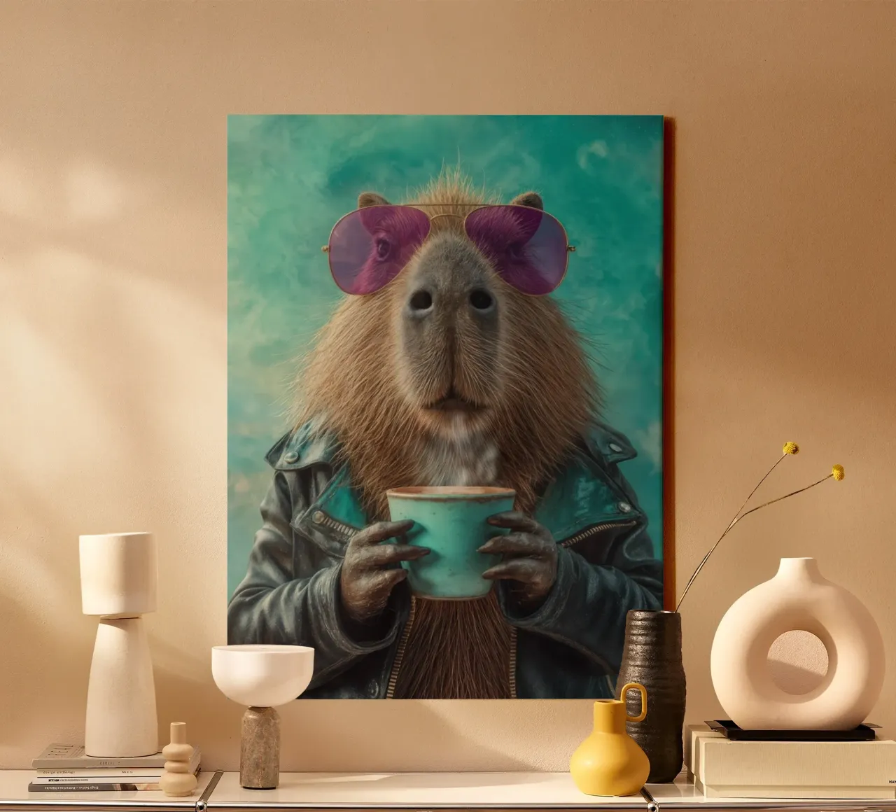 Elegante capibara in giacca di pelle con caffè mattutino tela da Wumples