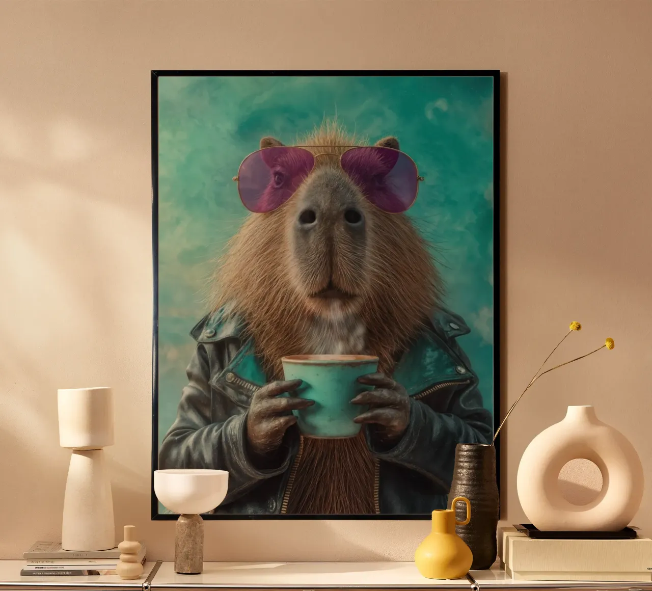 Elegante capibara in giacca di pelle con caffè mattutino carta hahnemühle da Wumples