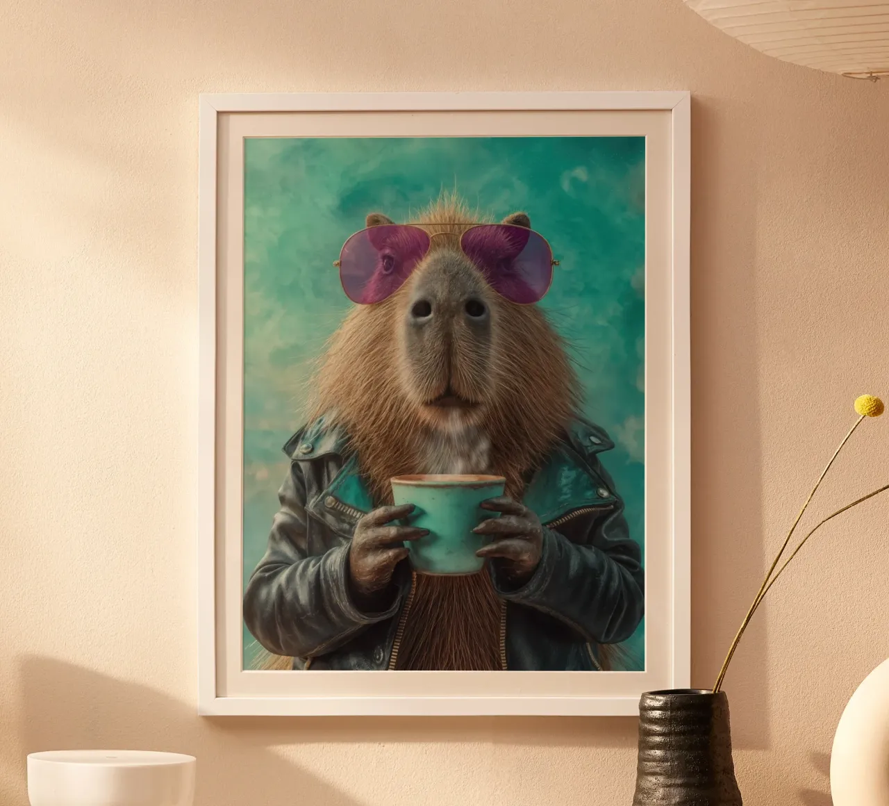 Elegante capibara in giacca di pelle con caffè mattutino carta hahnemühle da Wumples