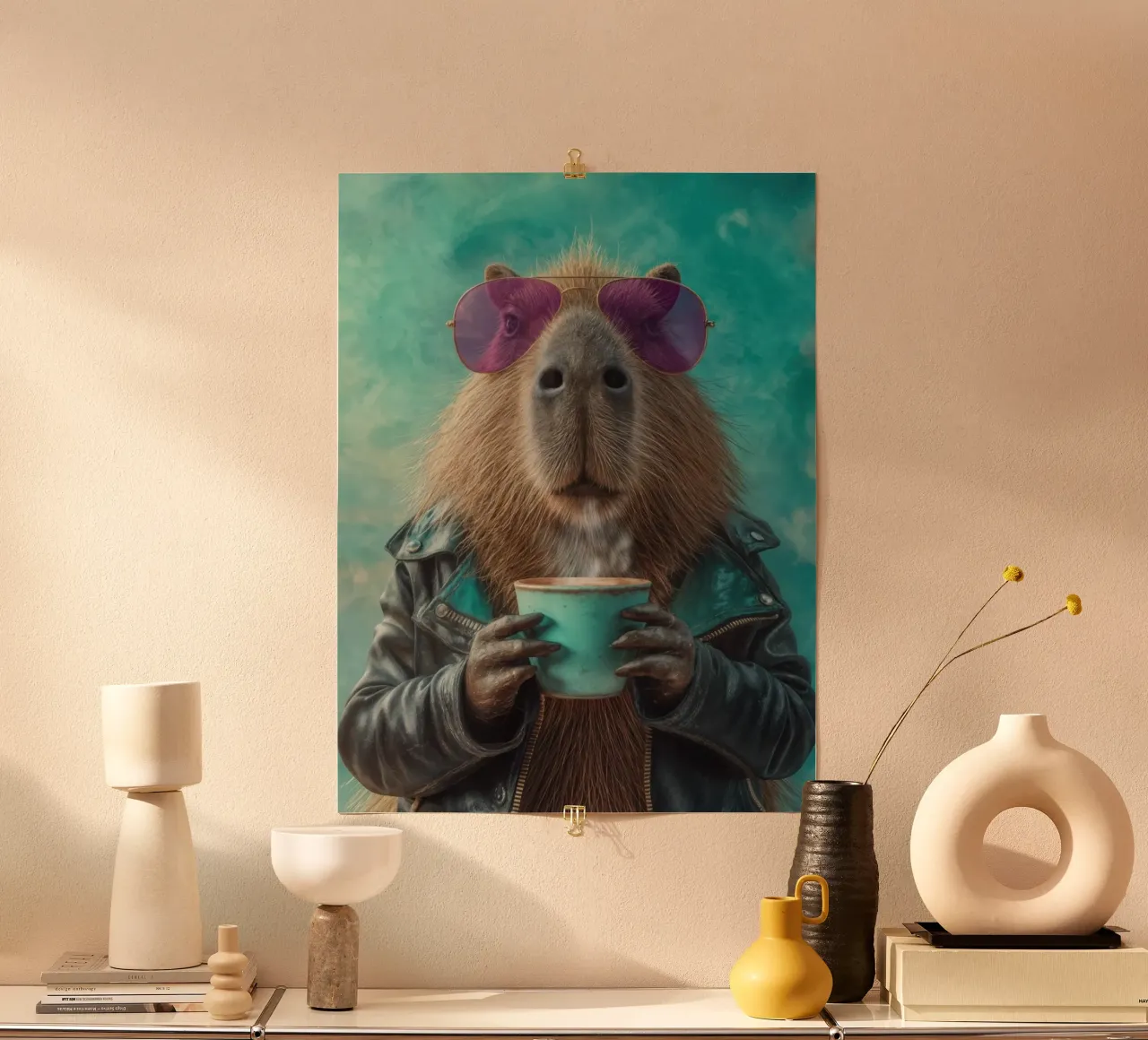 Elegante capibara in giacca di pelle con caffè mattutino carta hahnemühle da Wumples