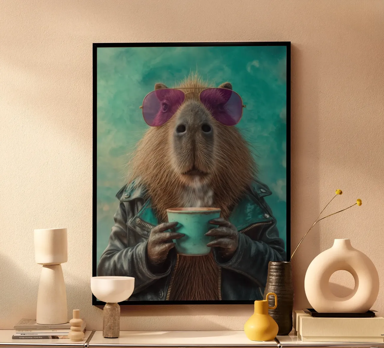 Elegante capibara in giacca di pelle con caffè mattutino carta hahnemühle da Wumples