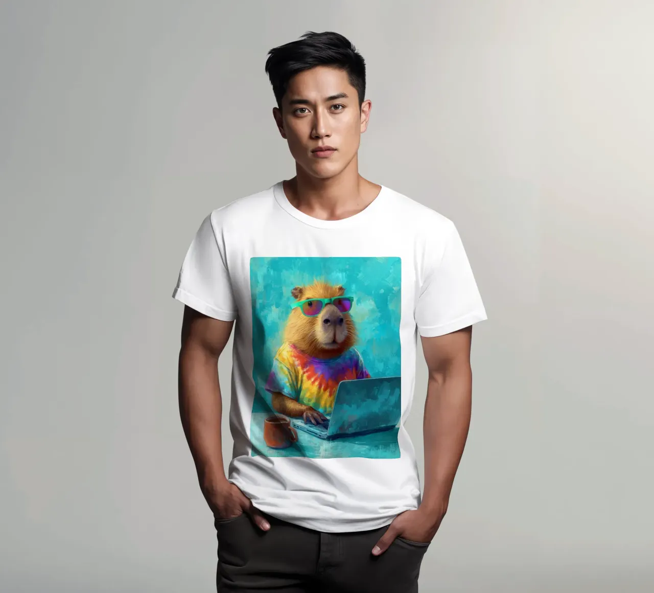 Capibara hippy che lavora su un computer portatile t-shirt da Wumples