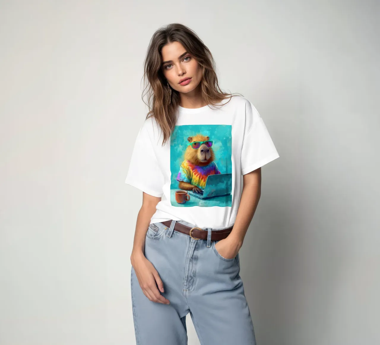 Capibara hippy che lavora su un computer portatile t-shirt da Wumples