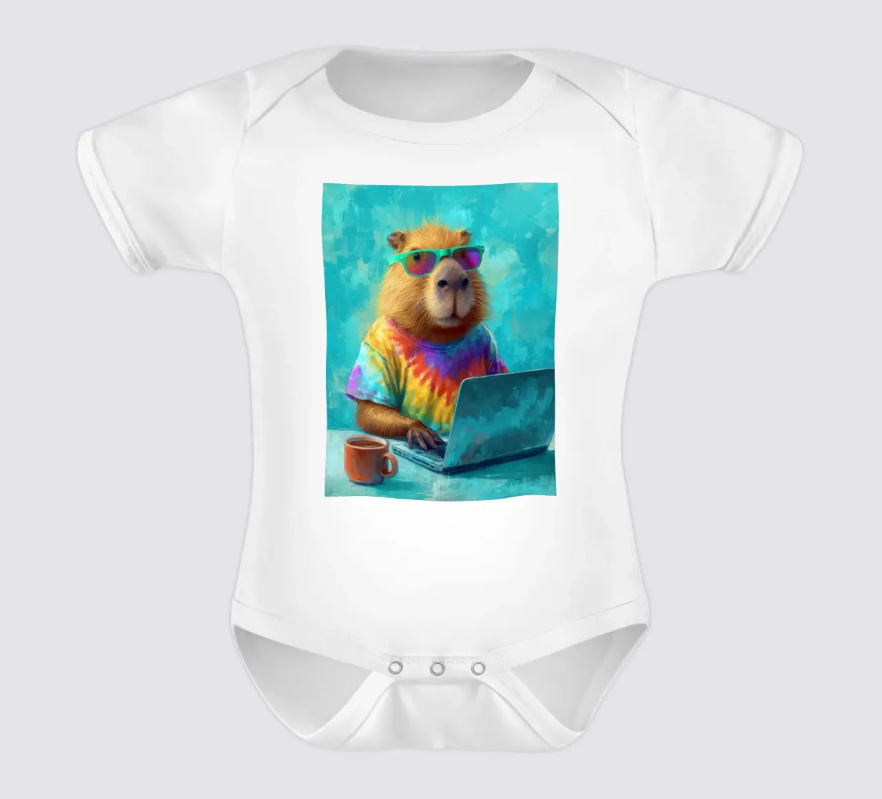 Capibara hippy che lavora su un computer portatile body neonato maniche corte da Wumples