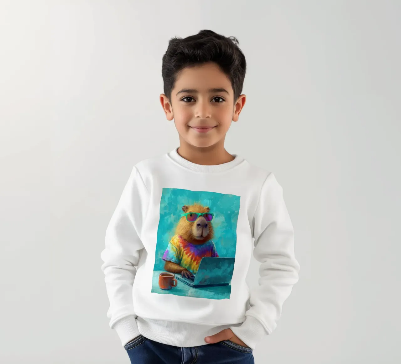 Capibara hippy che lavora su un computer portatile felpa bambino da Wumples