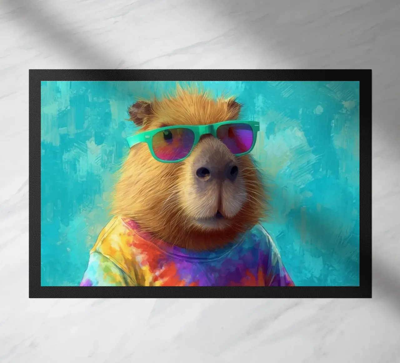 Capibara hippy che lavora su un computer portatile zerbino da Wumples