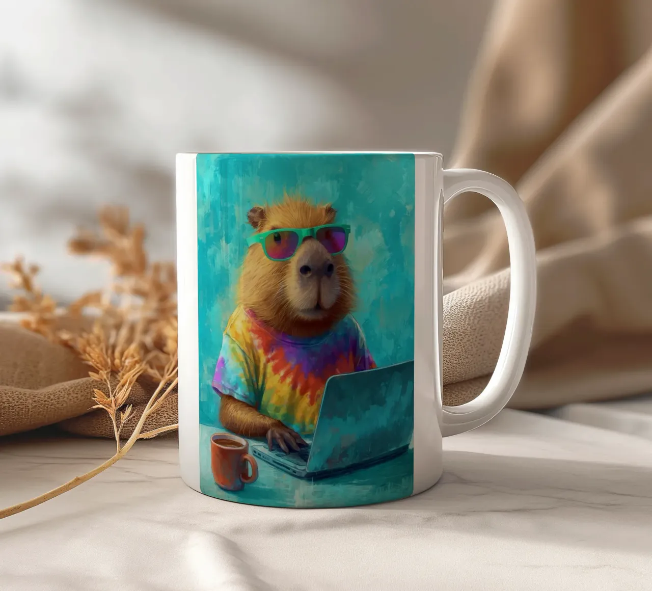 Capibara hippy che lavora su un computer portatile tazza in ceramica da Wumples