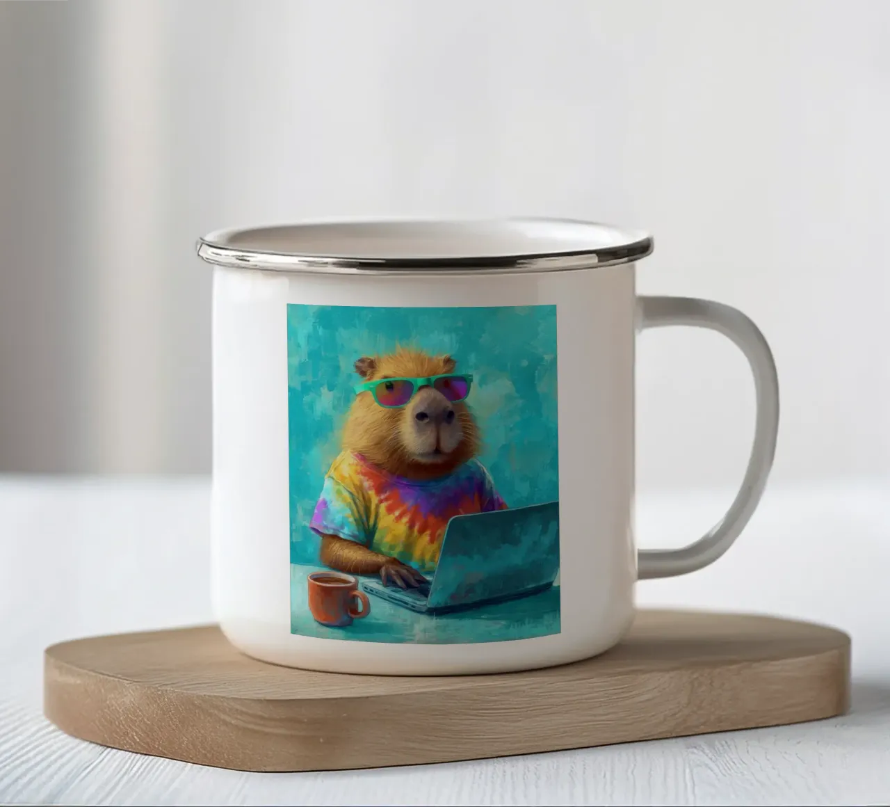 Capibara hippy che lavora su un computer portatile tazza in smalto da Wumples