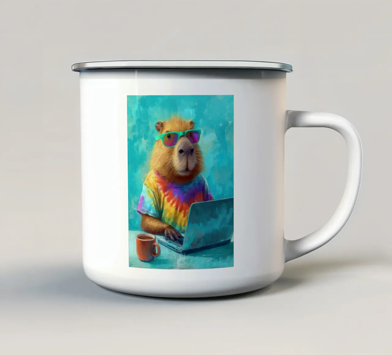 Capibara hippy che lavora su un computer portatile tazza in smalto da Wumples