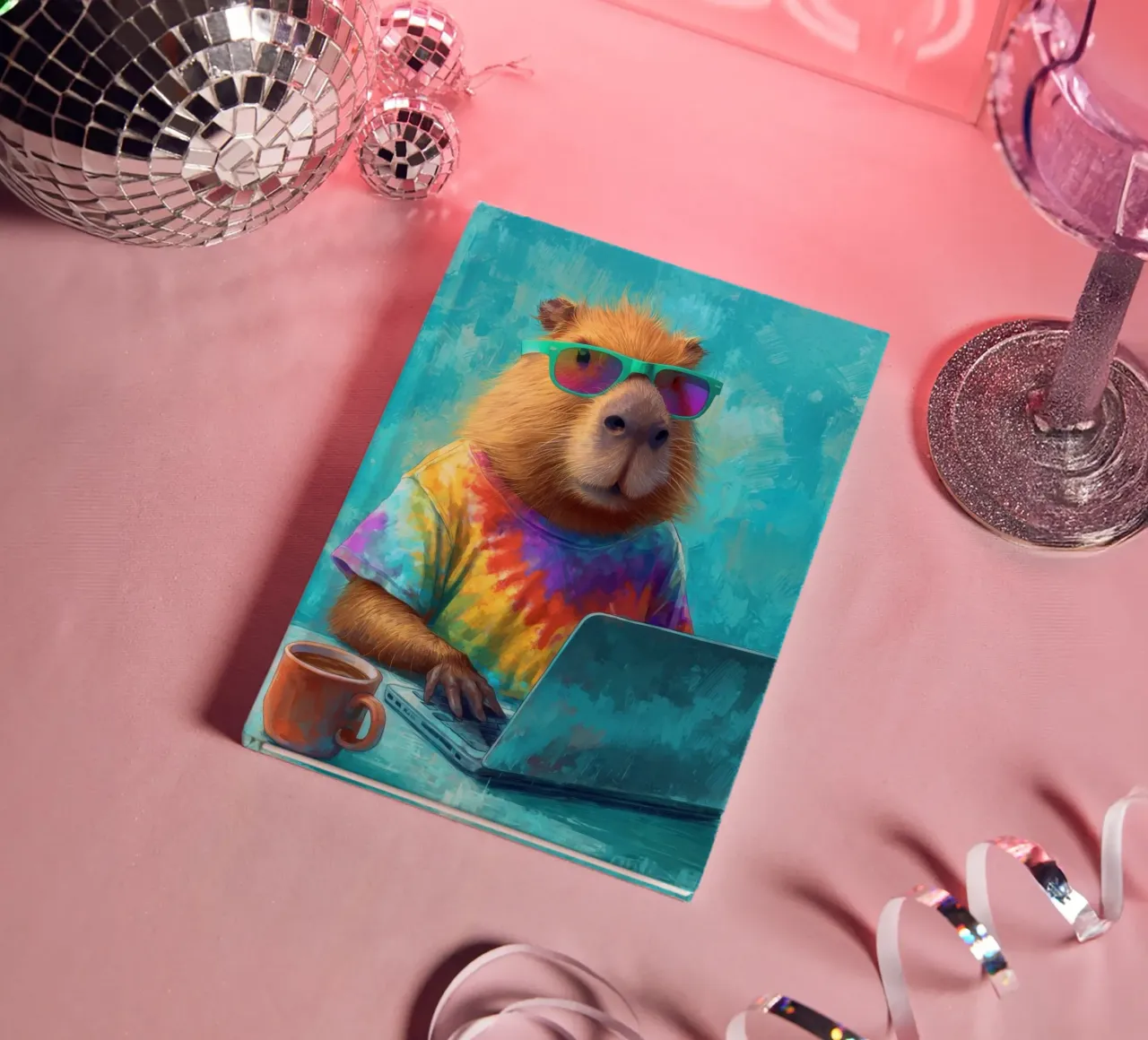 Capibara hippy che lavora su un computer portatile diario da Wumples