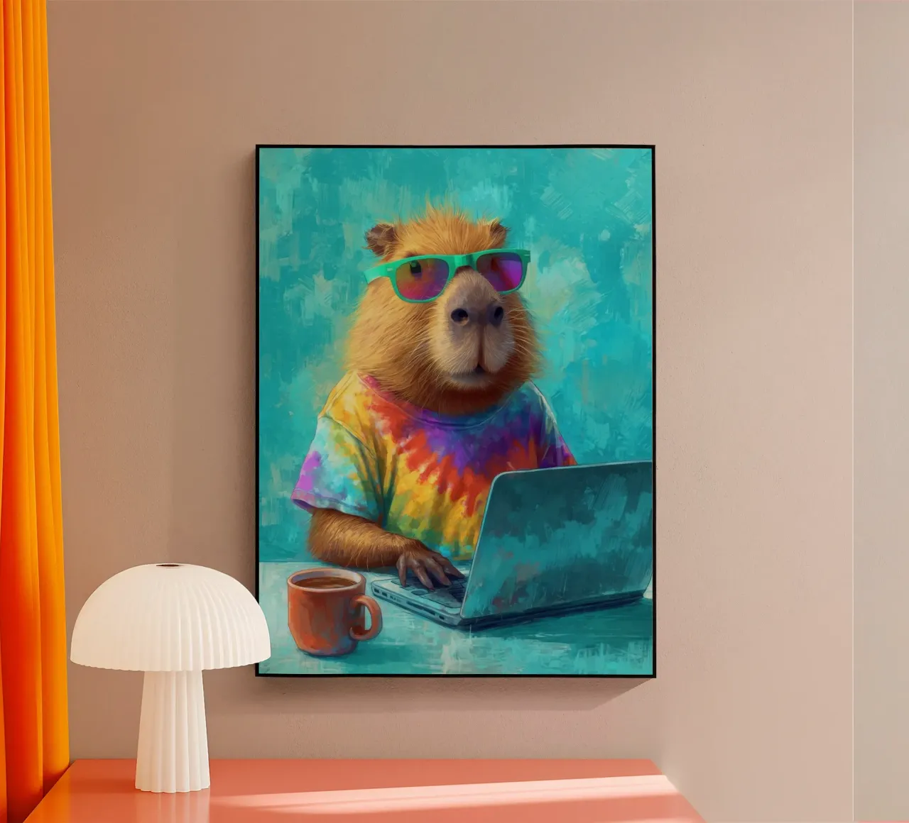 Capibara hippy che lavora su un computer portatile plexiglass da Wumples