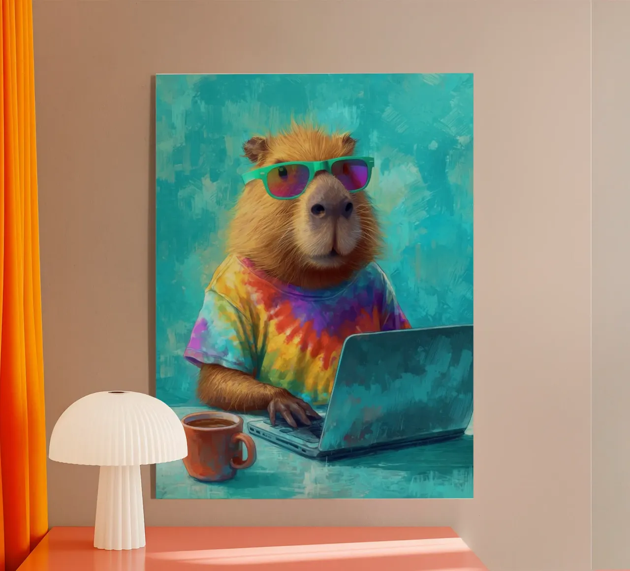 Capibara hippy che lavora su un computer portatile plexiglass da Wumples
