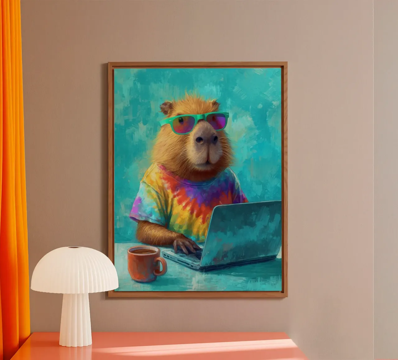 Capibara hippy che lavora su un computer portatile alluminio dibond da Wumples
