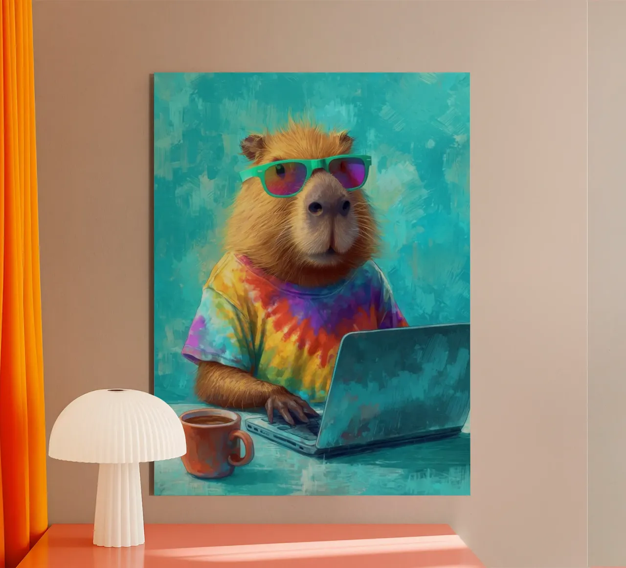 Capibara hippy che lavora su un computer portatile alluminio dibond da Wumples