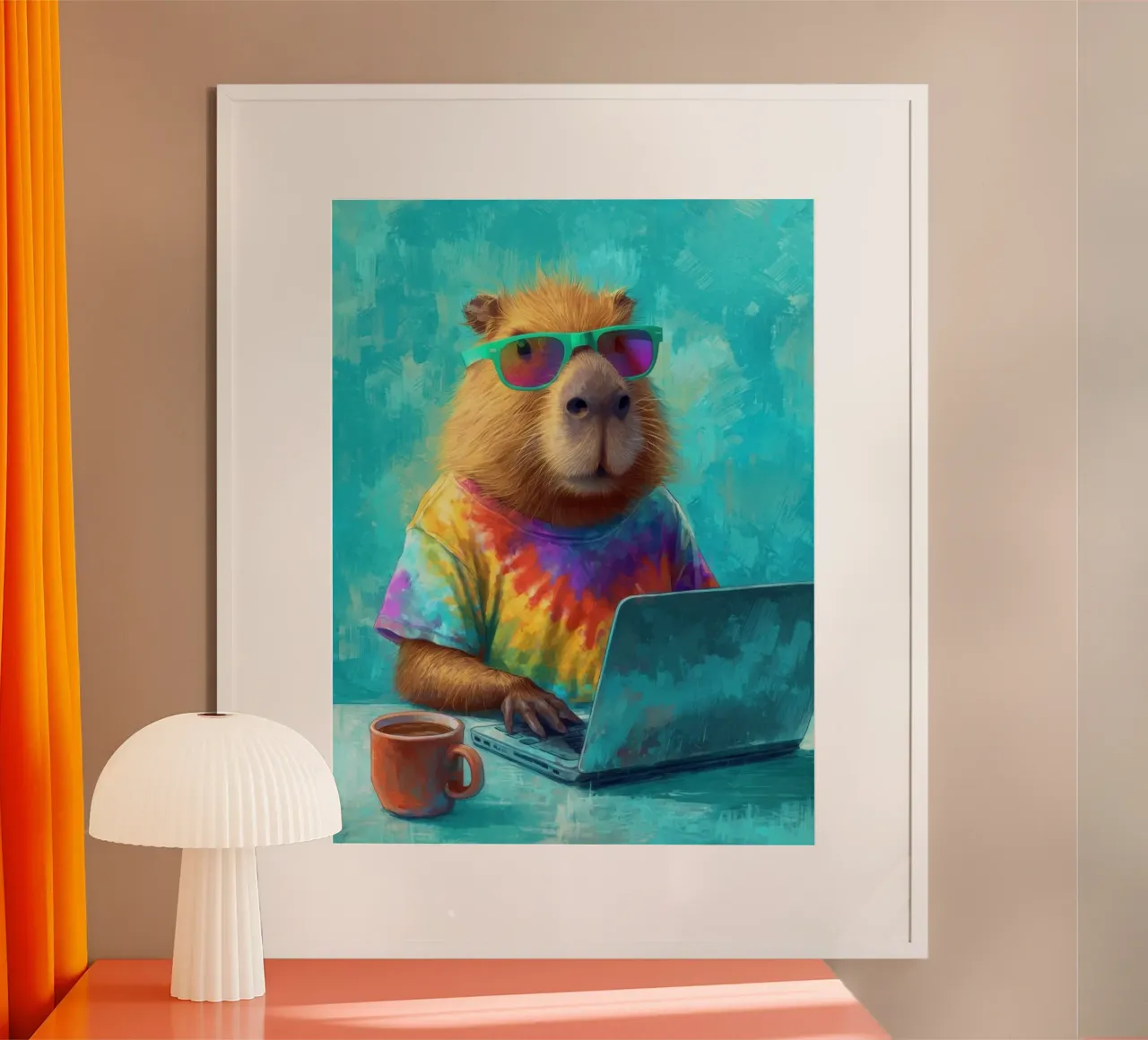 Capibara hippy che lavora su un computer portatile poster da Wumples