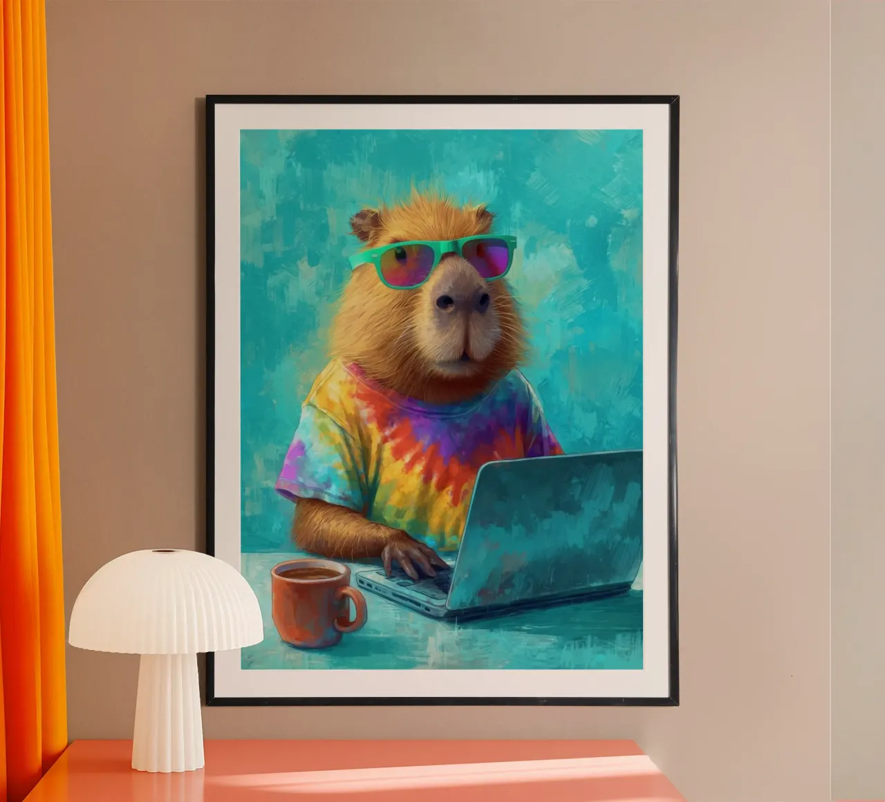 Capibara hippy che lavora su un computer portatile poster da Wumples