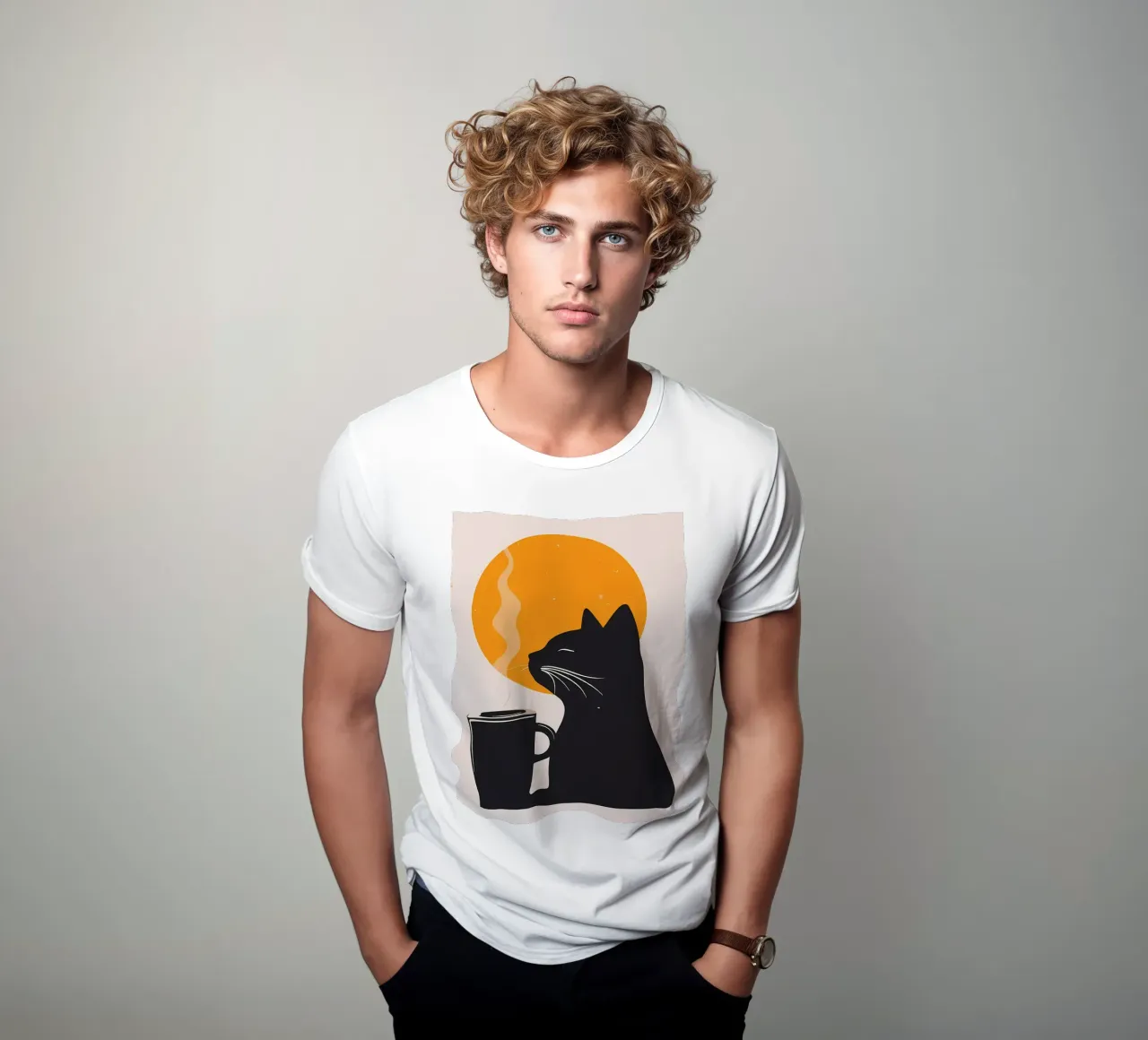Gatto nero con tazza di caffè t-shirt da Locquinn Fuller