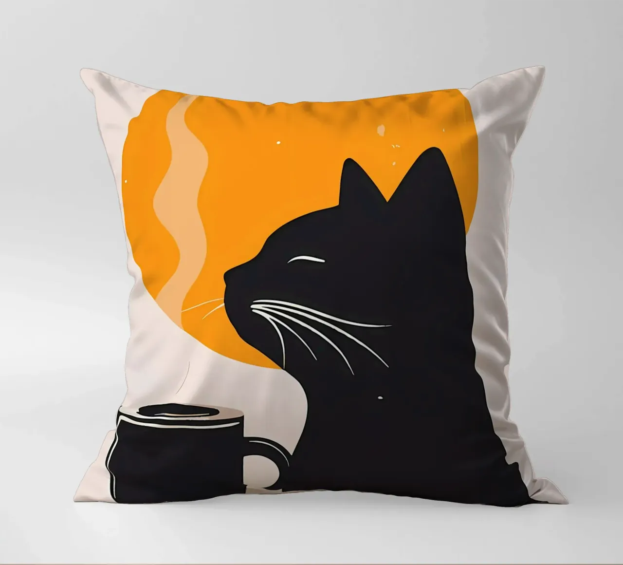 Gatto nero con tazza di caffè cuscino da Locquinn Fuller