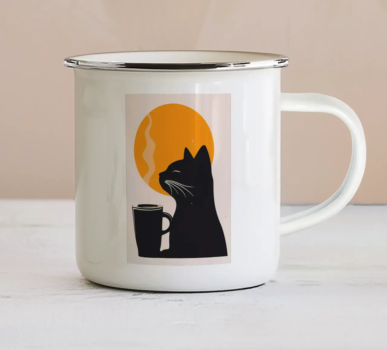 Zwarte kat met koffiebekerillustratie emaille mok van Locquinn Fuller